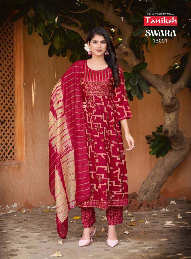 Swara Vol 13 By Taniksh Rayon Printed Embroidery Kurti With Bottom Dupatta Wholesale Online
